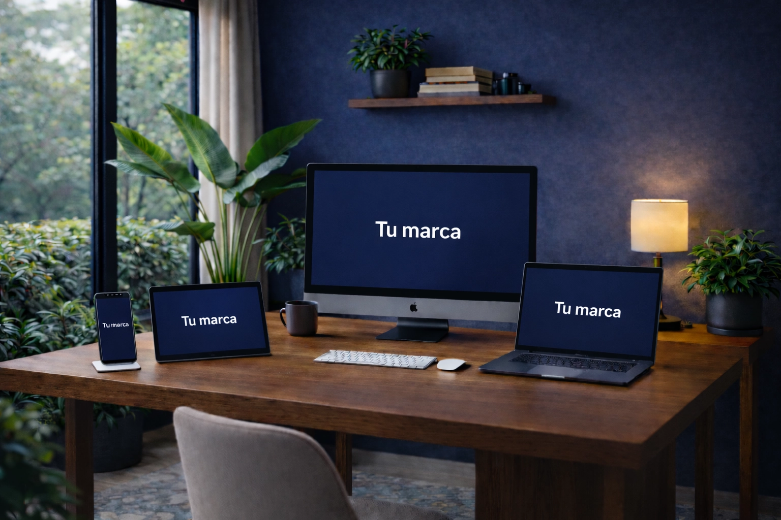 Escritorio de trabajo con computadora, laptop, tablet y smartphone mostrando diseño web adaptable, simbolizando desarrollo de sitios modernos y presencia digital profesional.