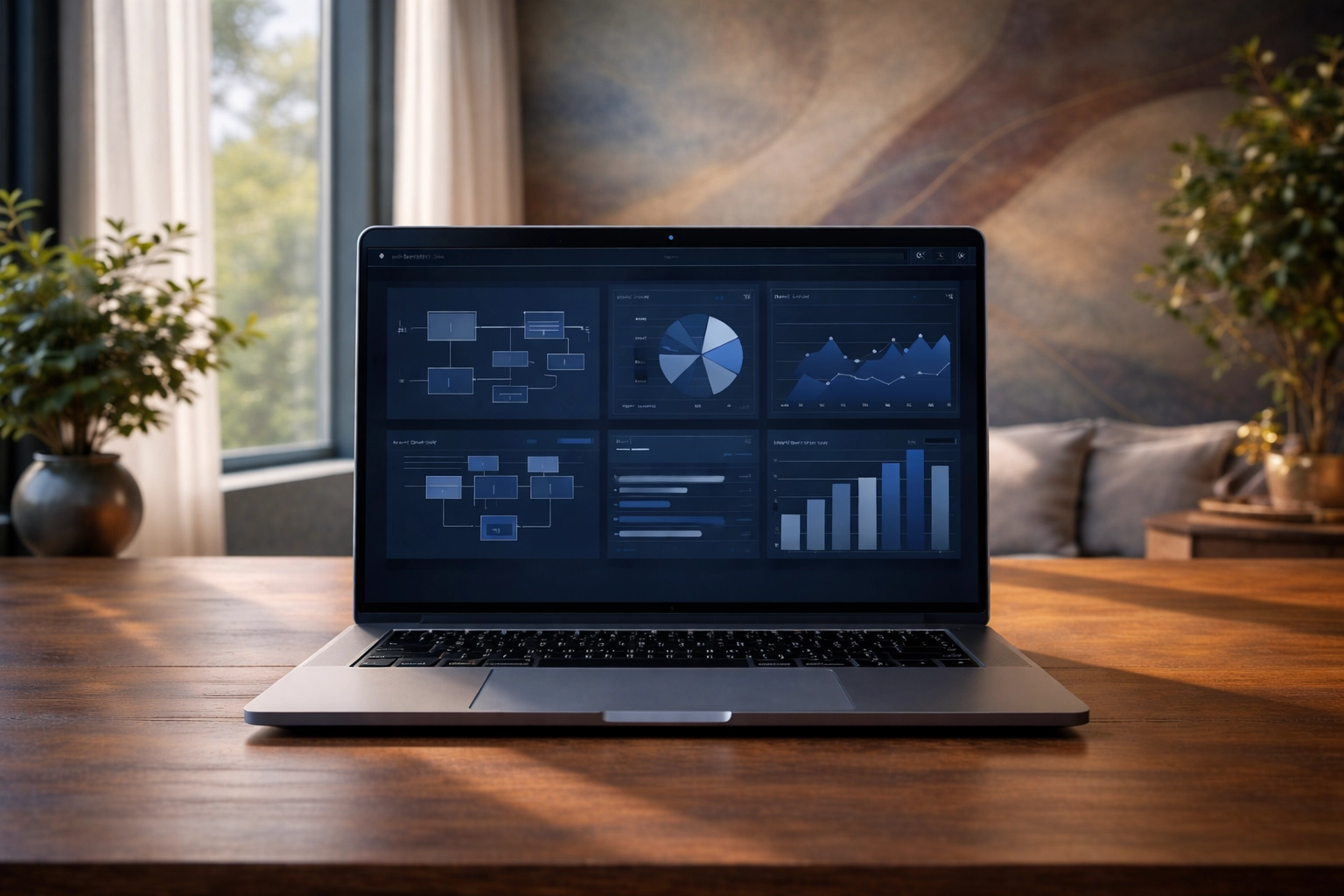 Escritorio de trabajo con laptop, lámpara y plantas naturales junto a una ventana, simbolizando organización y planeación creativa en la gestión de proyectos.