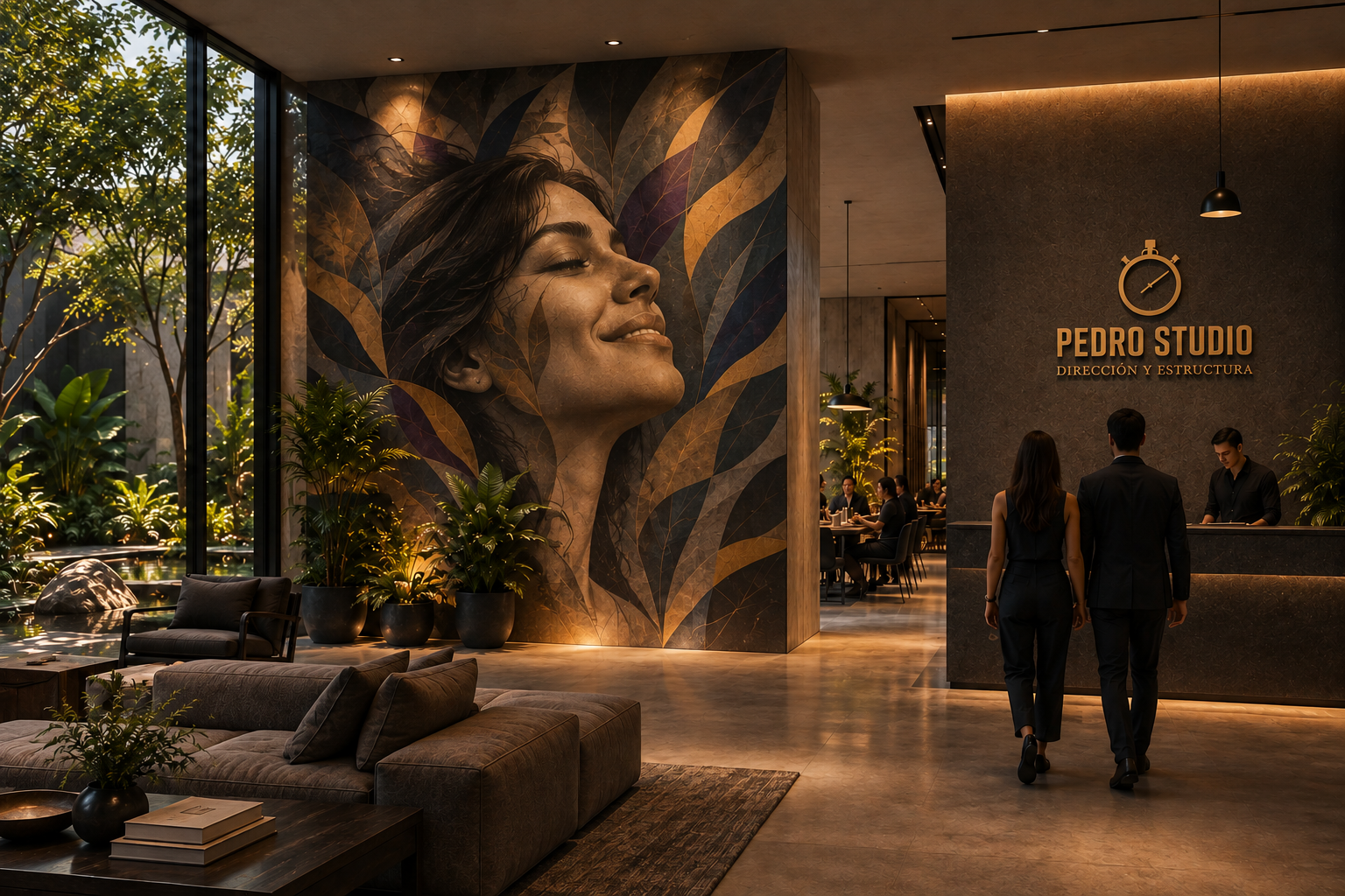 Mural artístico de gran formato con efecto ventana submarina realizado por Pedro Studio para intervención visual en espacio corporativo.