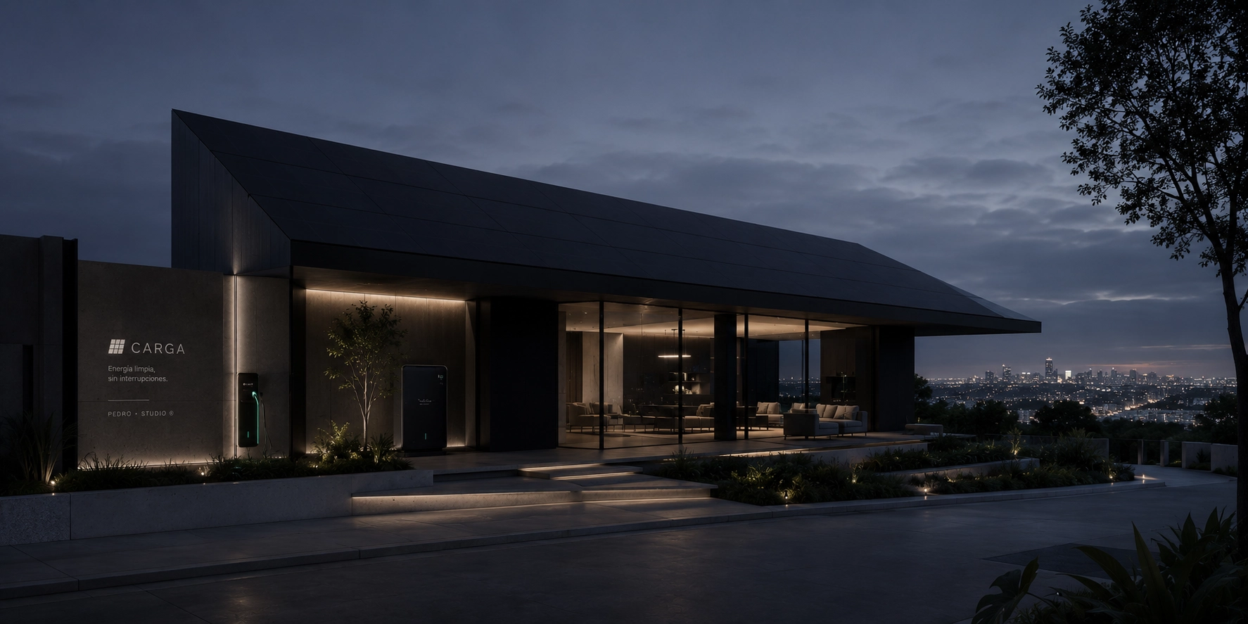 Casa contemporánea con sistema energético integrado representando la marca conceptual CARGA.