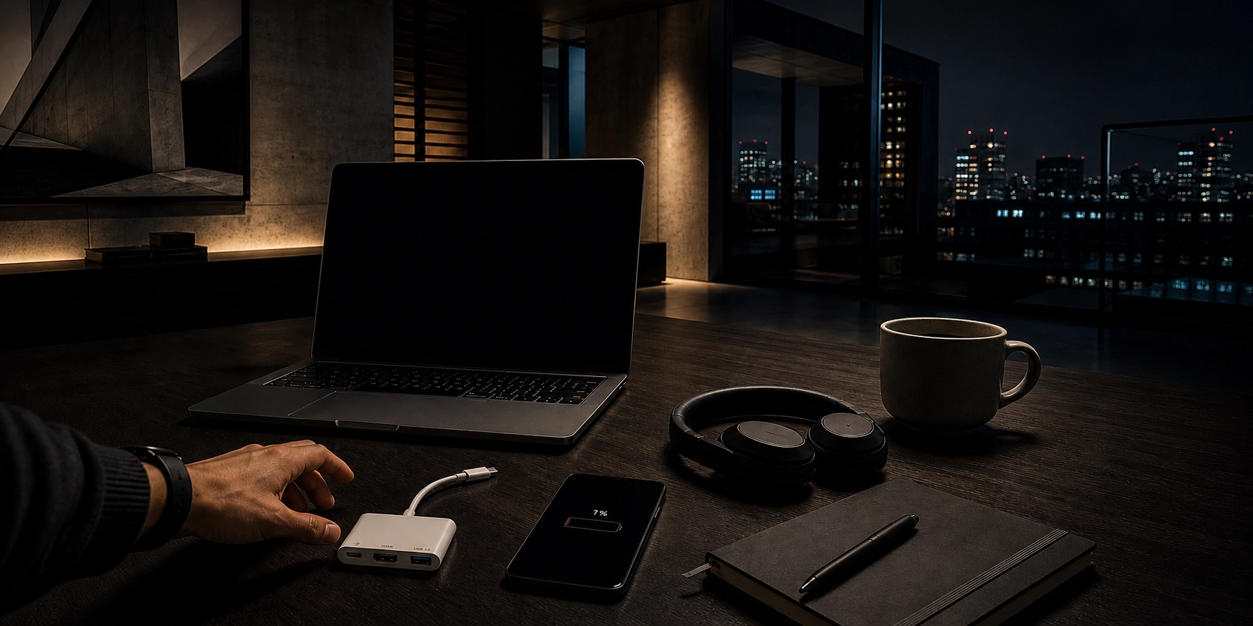 Espacio de trabajo nocturno con dispositivos sin energía representando el problema que resuelve CARGA.