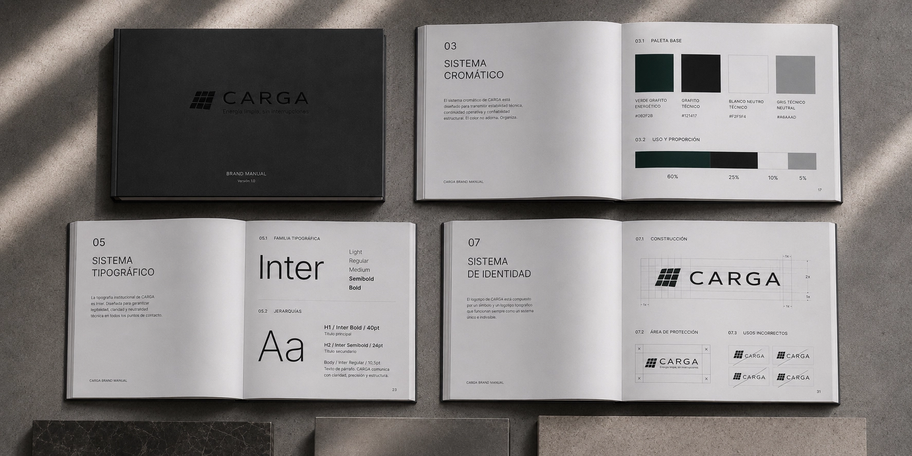 Manual de marca CARGA con sistema cromático, tipografía e identidad visual estratégica.