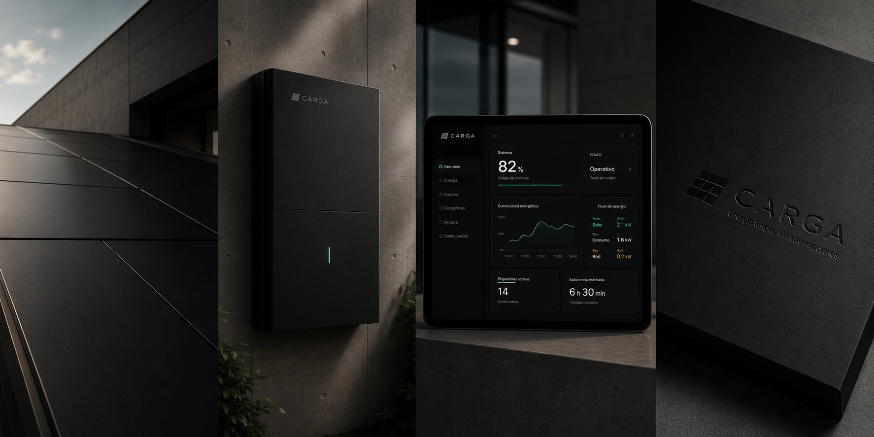 Aplicaciones visuales del sistema CARGA integradas en interfaz digital, hardware y arquitectura.