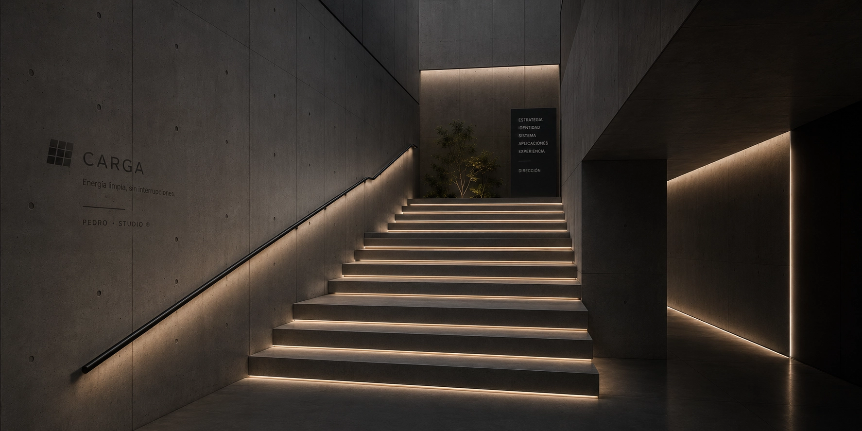 Espacio arquitectónico conceptual de CARGA representando continuidad, dirección y cierre del sistema de marca.
